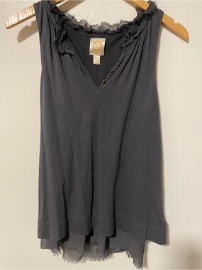 Rio Rao Charcoal Tank Top Frayed Trim V-Neck Layered Tank Womens Medium Flowy